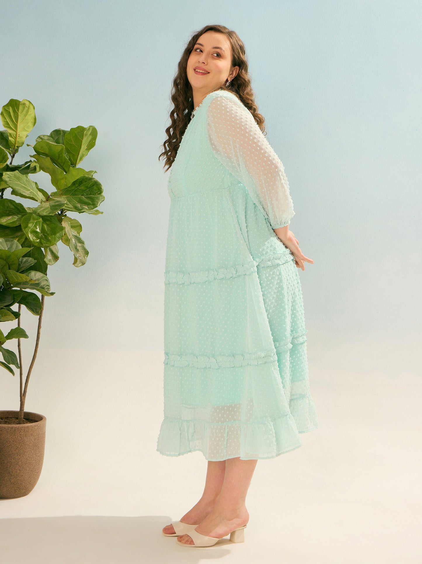 Sea Green Dobby V Neck Tiered Maxi Dress