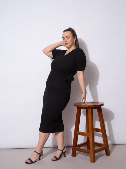 Black Rib Wrap Side Knot Bodycon Midi Dress
