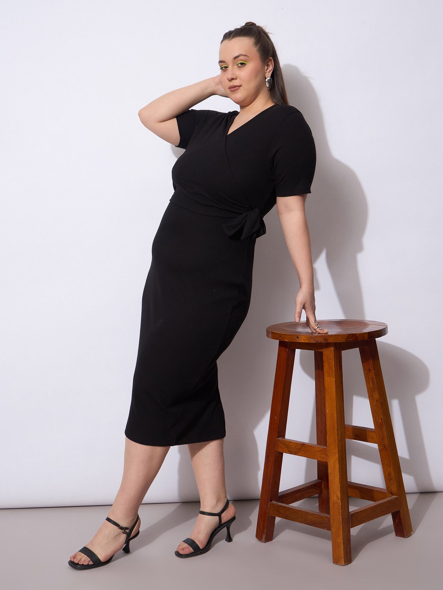 Black Rib Wrap Side Knot Bodycon Midi Dress