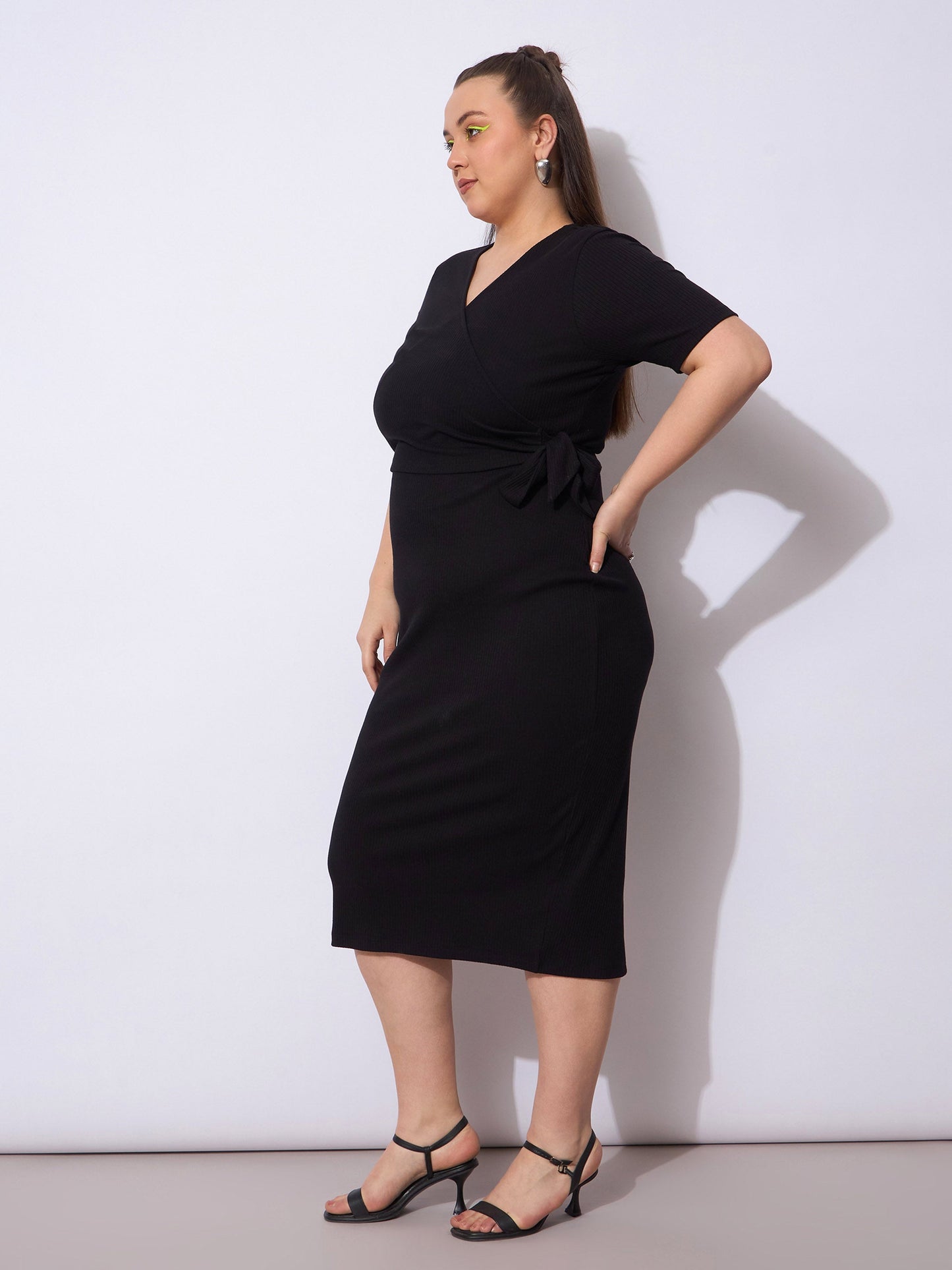 Black Rib Wrap Side Knot Bodycon Midi Dress
