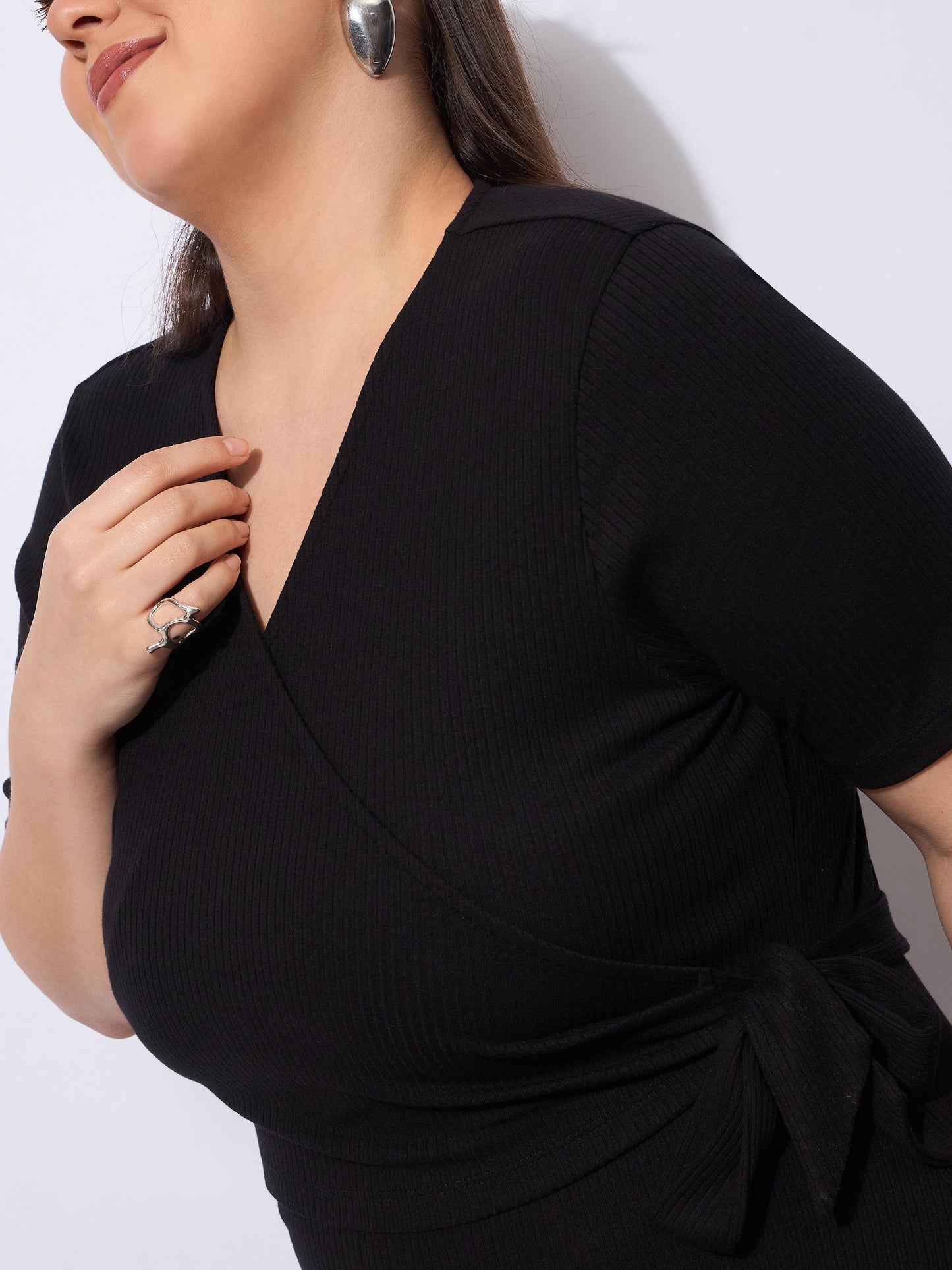 Black Rib Wrap Side Knot Bodycon Midi Dress