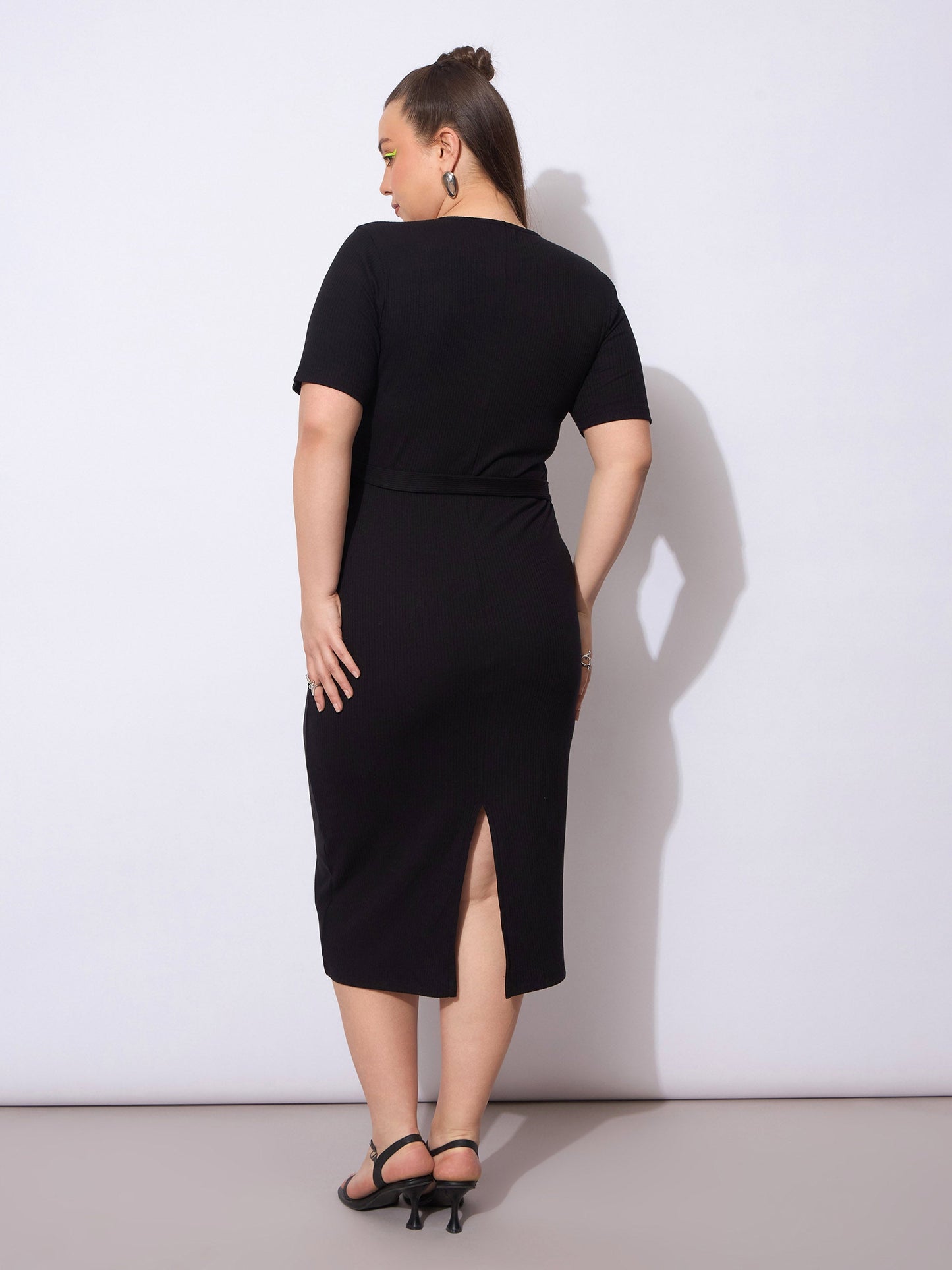 Black Rib Wrap Side Knot Bodycon Midi Dress