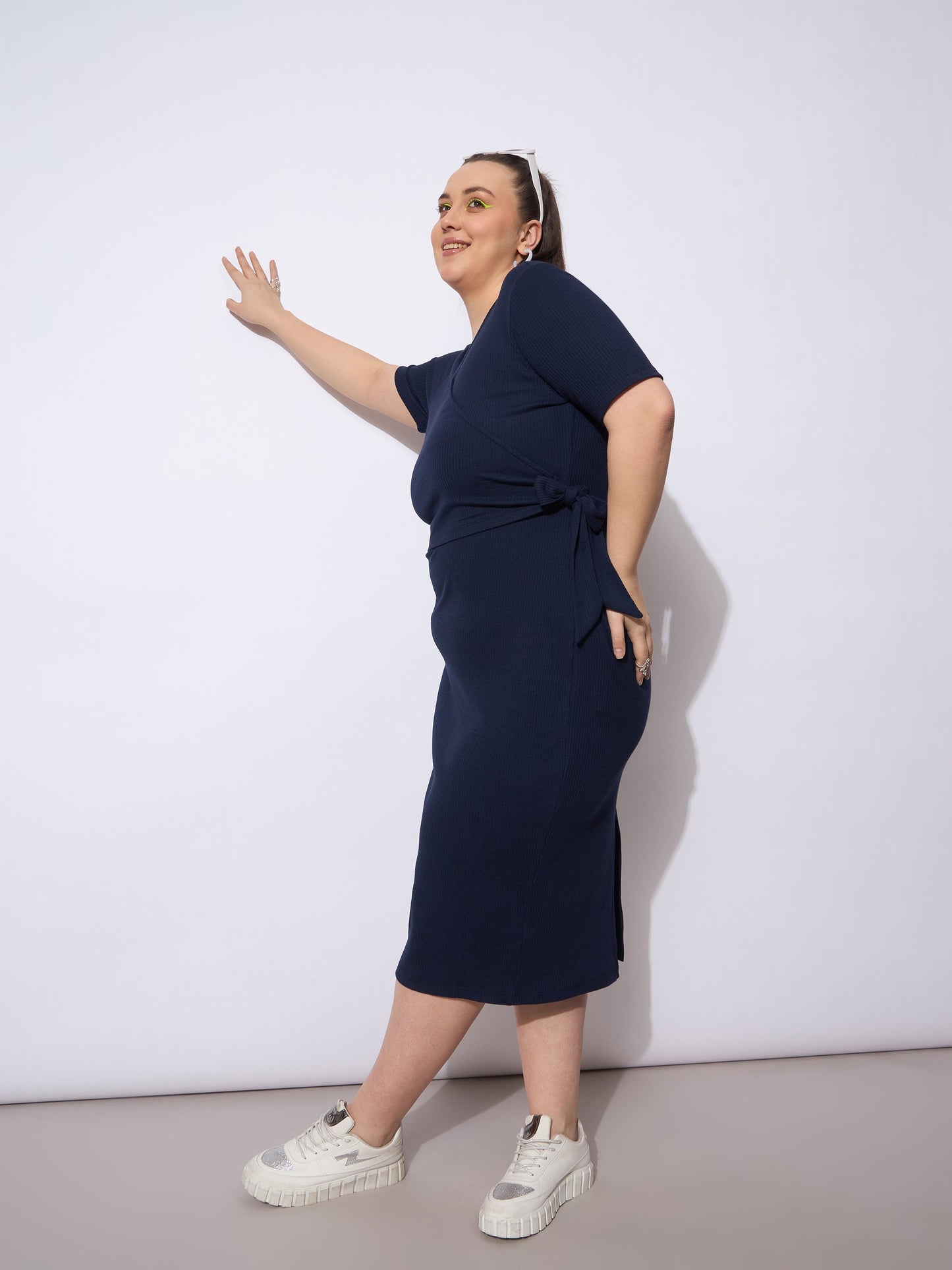 Navy Rib Wrap Side Knot Bodycon Midi Dress