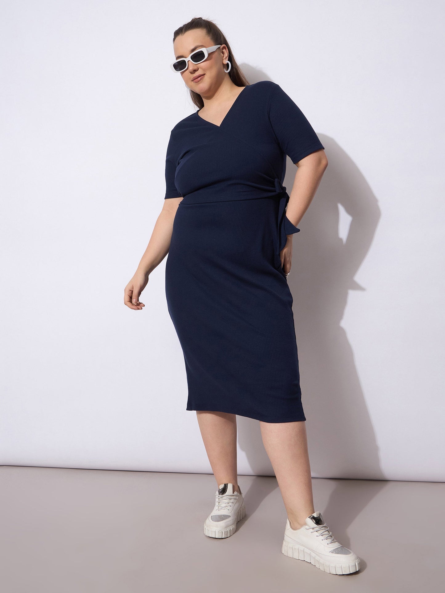 Navy Rib Wrap Side Knot Bodycon Midi Dress