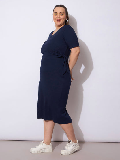 Navy Rib Wrap Side Knot Bodycon Midi Dress