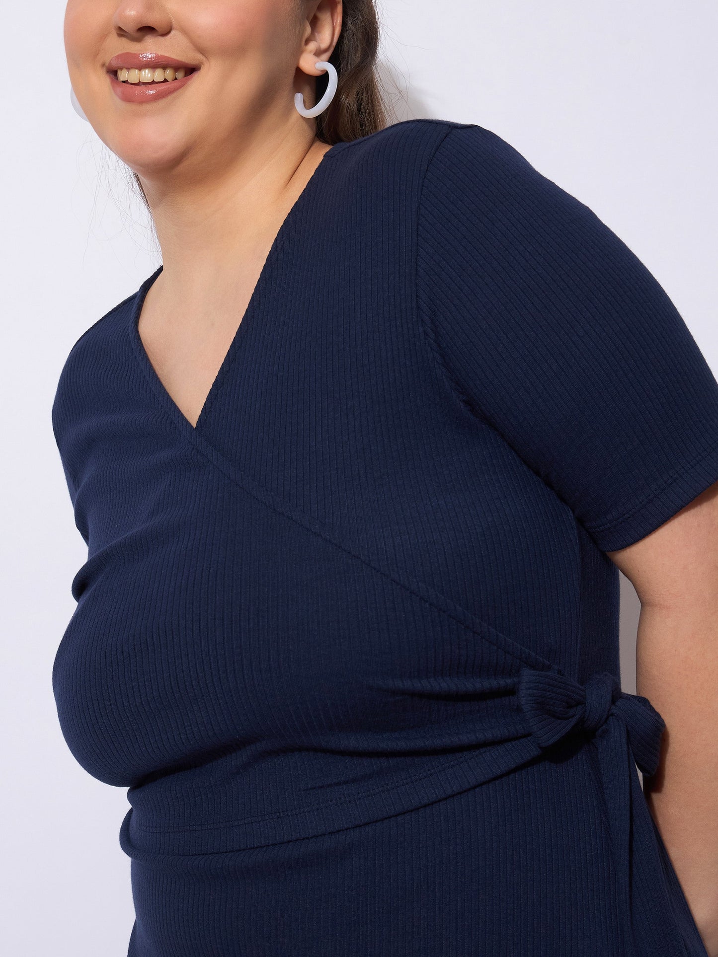 Navy Rib Wrap Side Knot Bodycon Midi Dress
