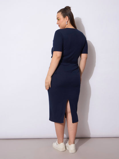 Navy Rib Wrap Side Knot Bodycon Midi Dress