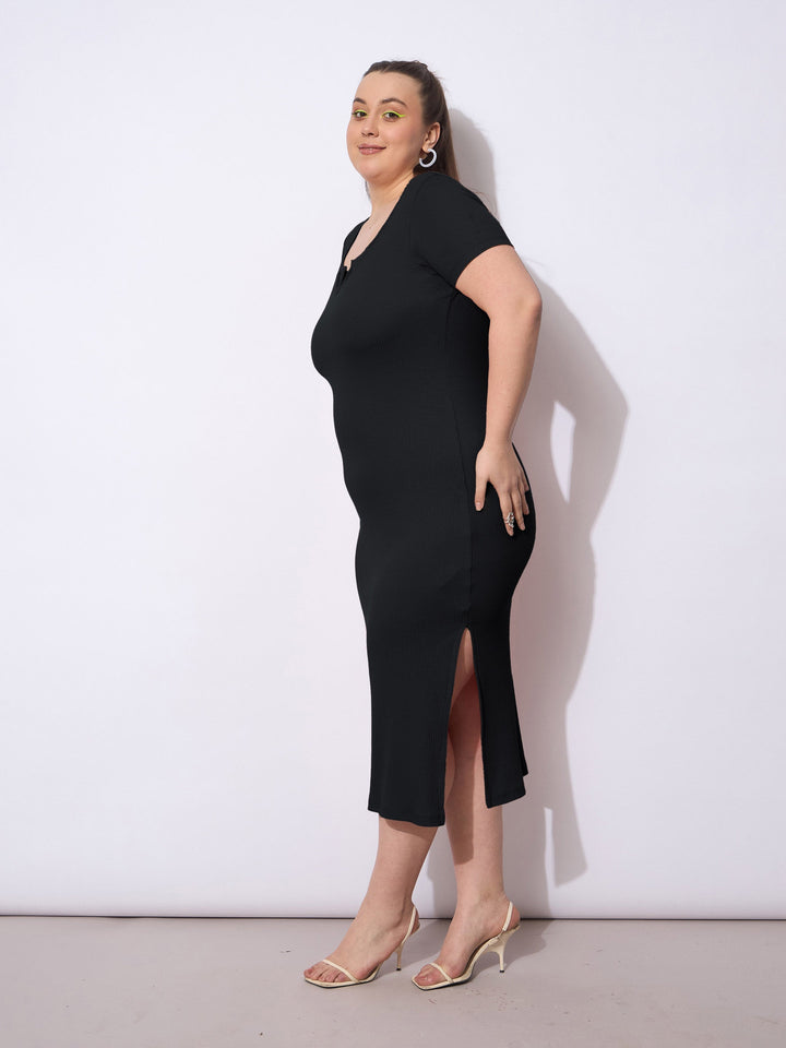 Black Rib Short Sleeves Midi Dress-SASSAFRAS Curve