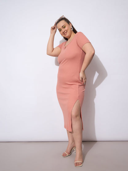 Onion Pink Rib Short Sleeves Midi Dress
