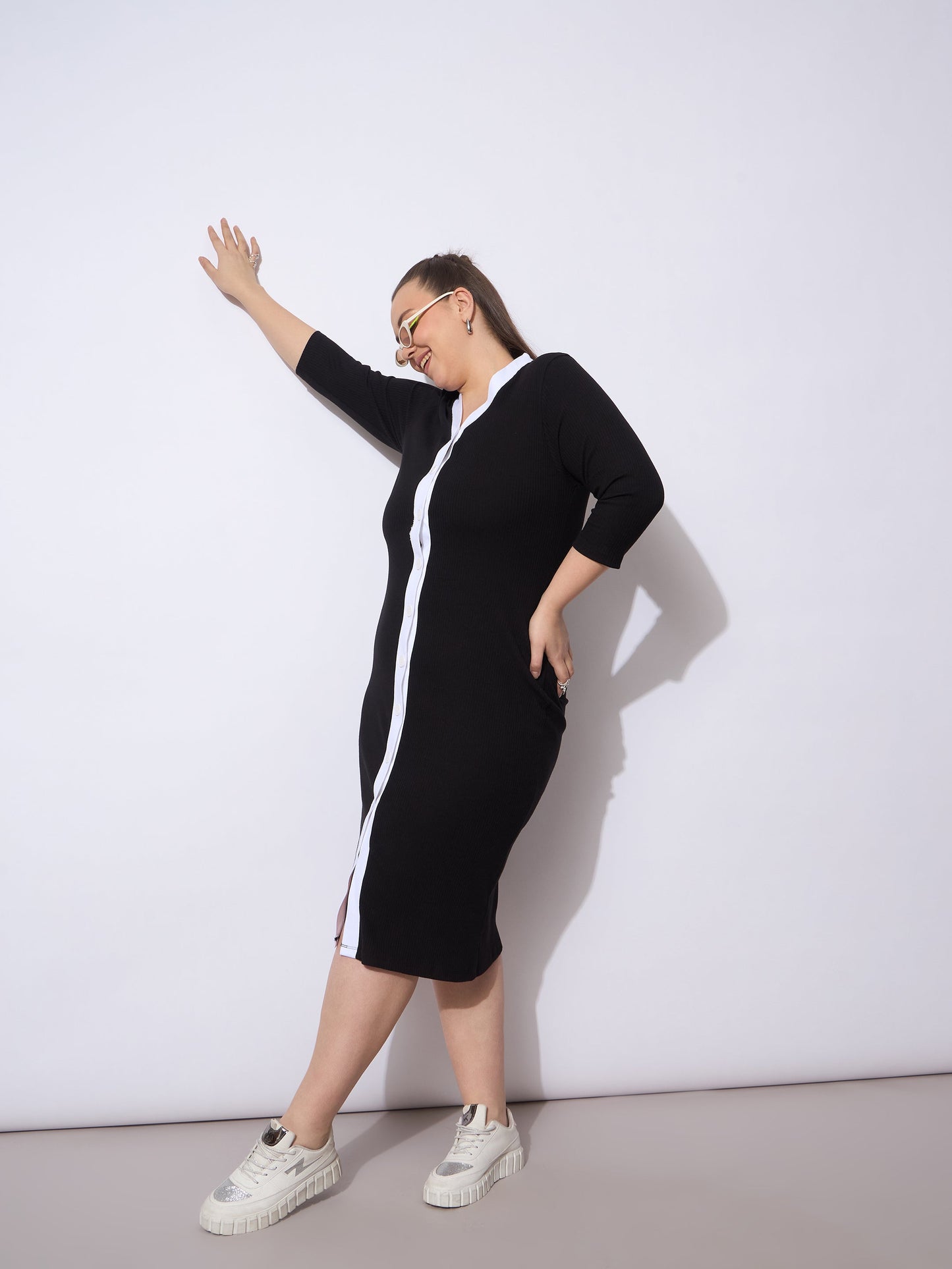 Black Rib Contrast Placket Midi Dress