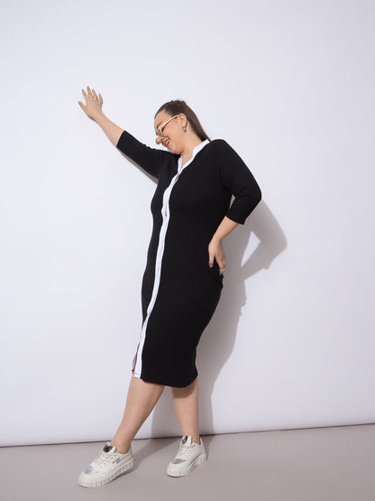 Black Rib Contrast Placket Midi Dress