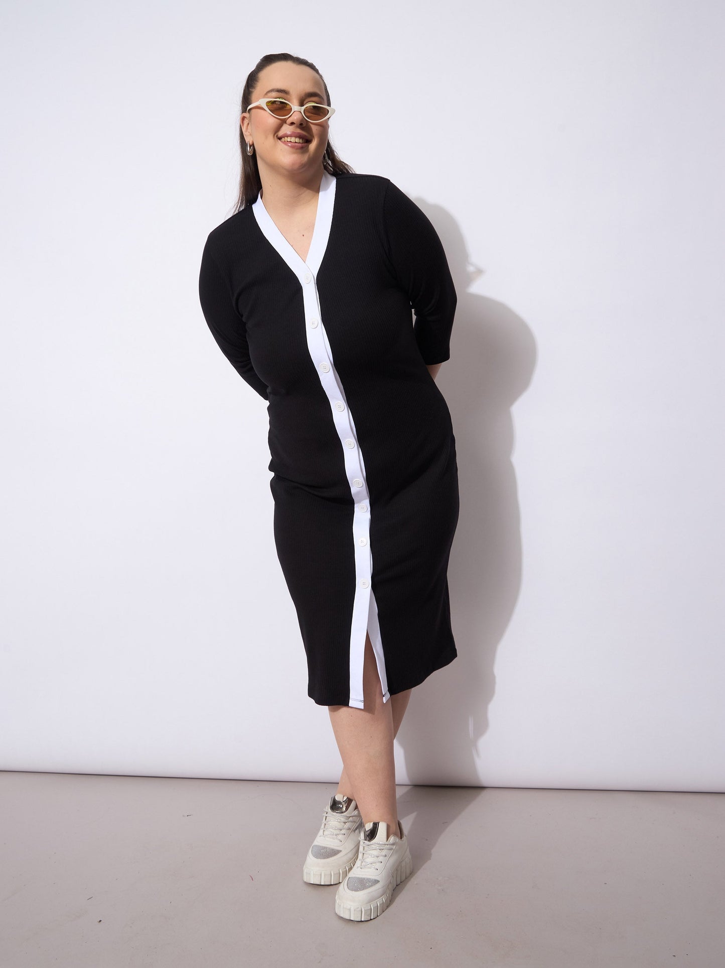 Black Rib Contrast Placket Midi Dress