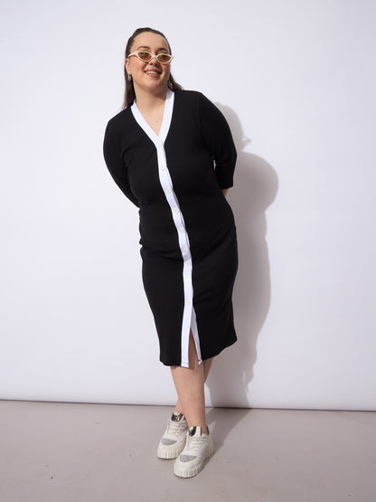 Black Rib Contrast Placket Midi Dress
