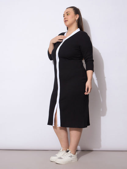 Black Rib Contrast Placket Midi Dress