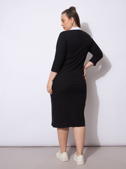 Black Rib Contrast Placket Midi Dress