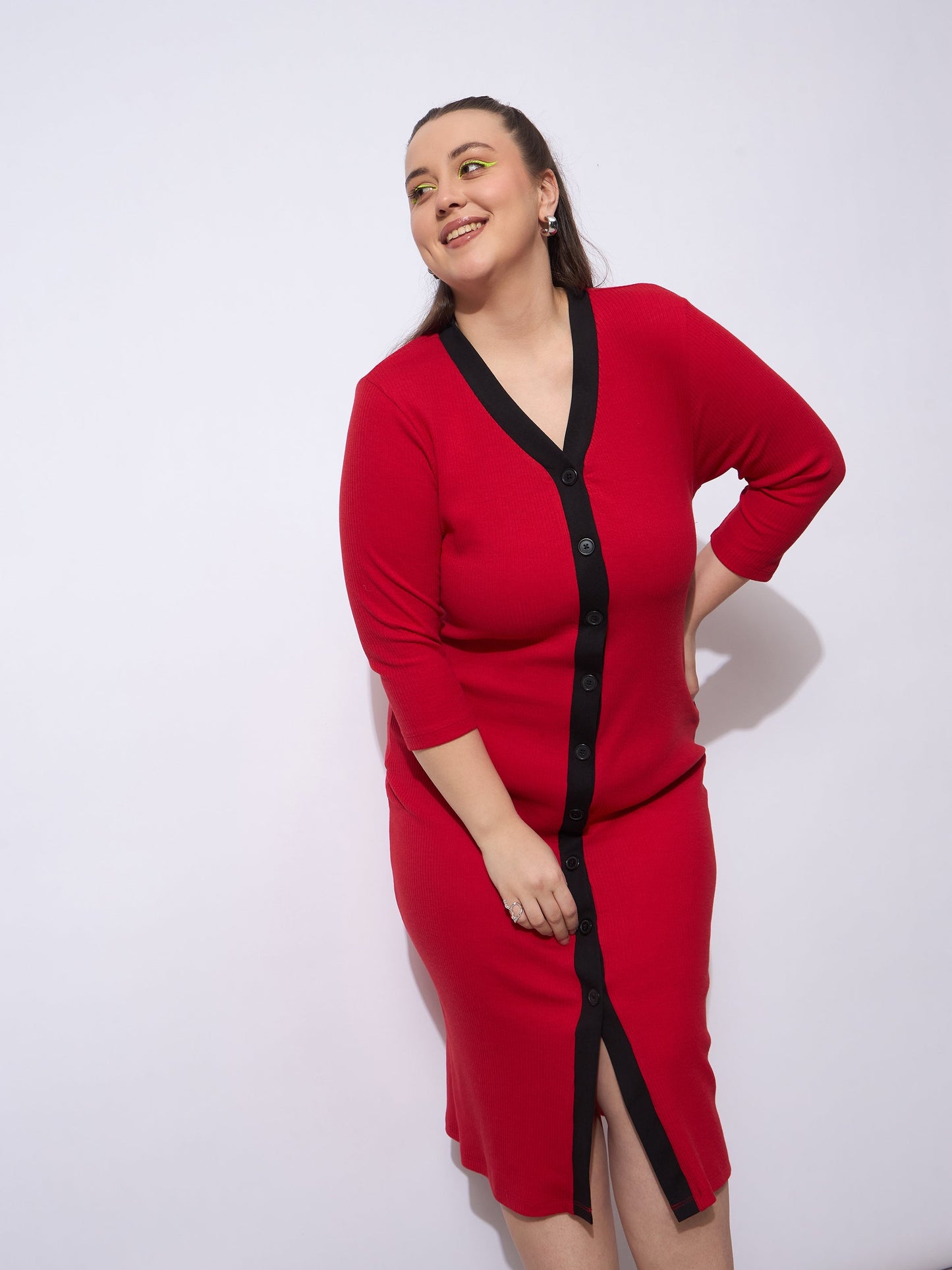 Red Rib Contrast Placket Midi Dress
