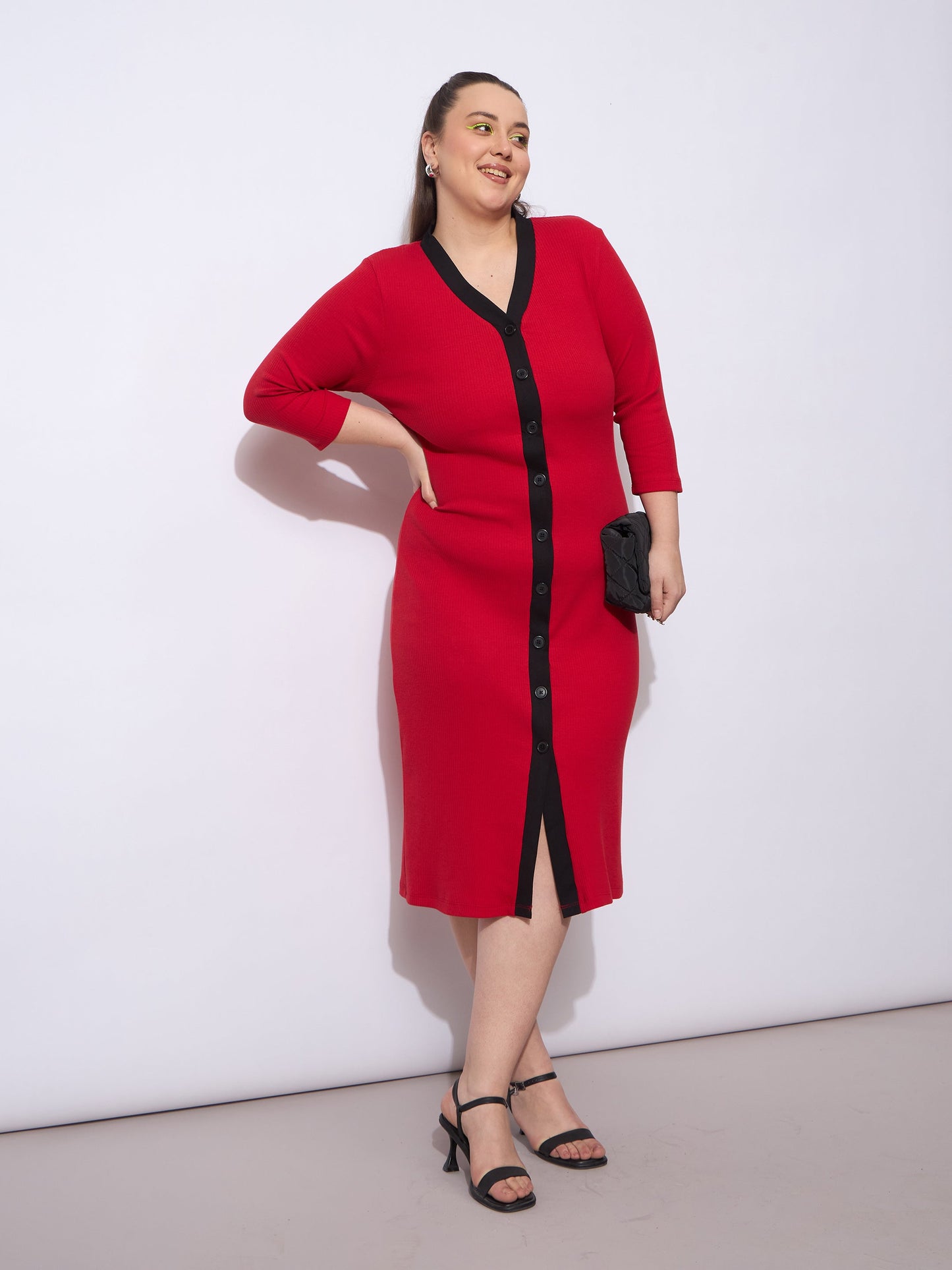 Red Rib Contrast Placket Midi Dress