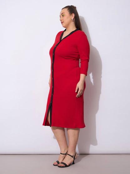 Red Rib Contrast Placket Midi Dress