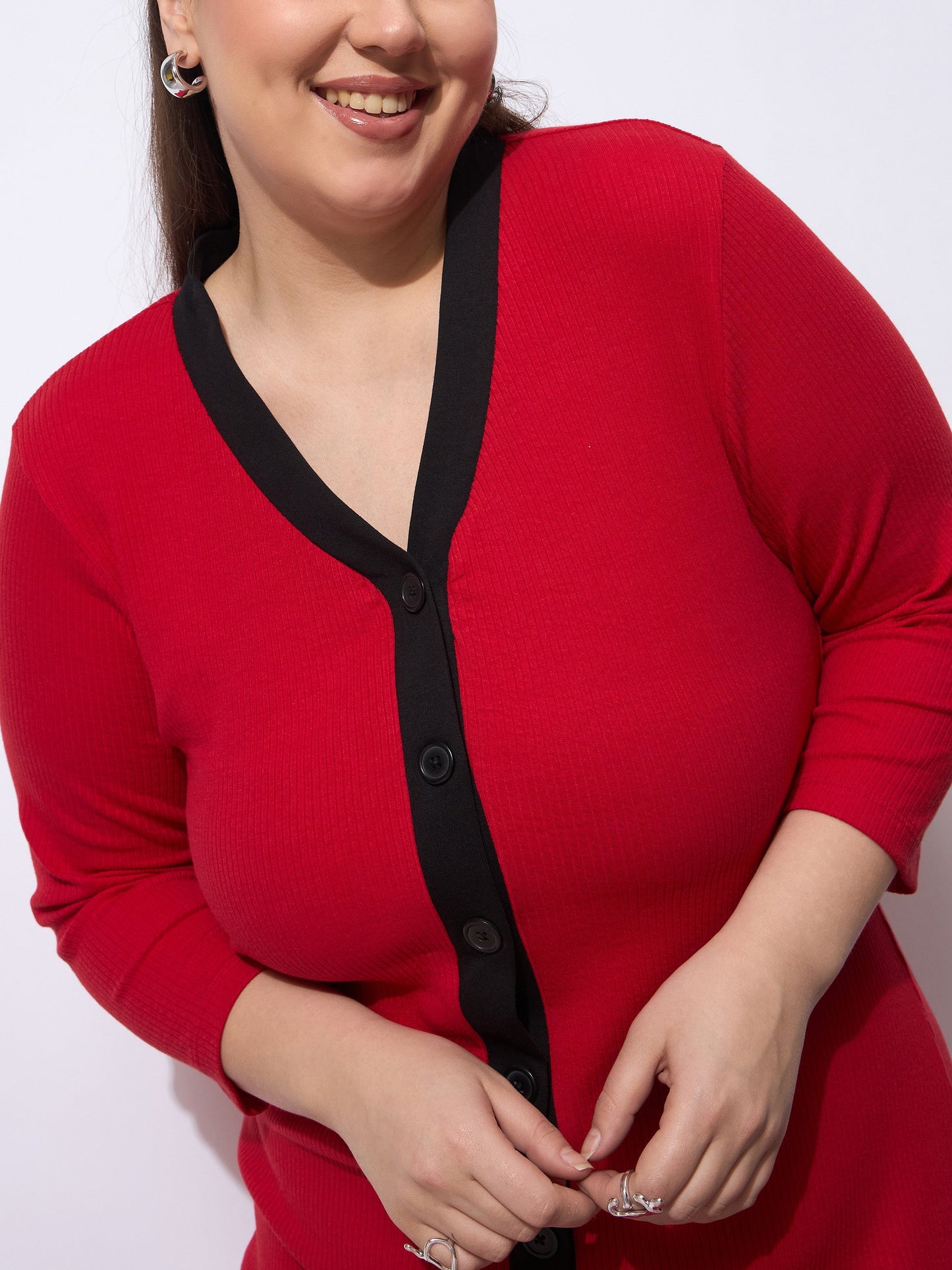 Red Rib Contrast Placket Midi Dress