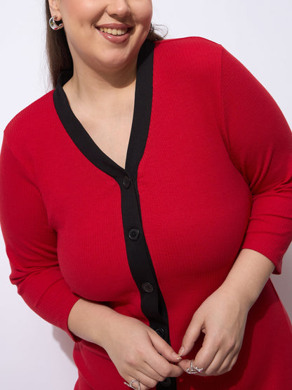 Red Rib Contrast Placket Midi Dress