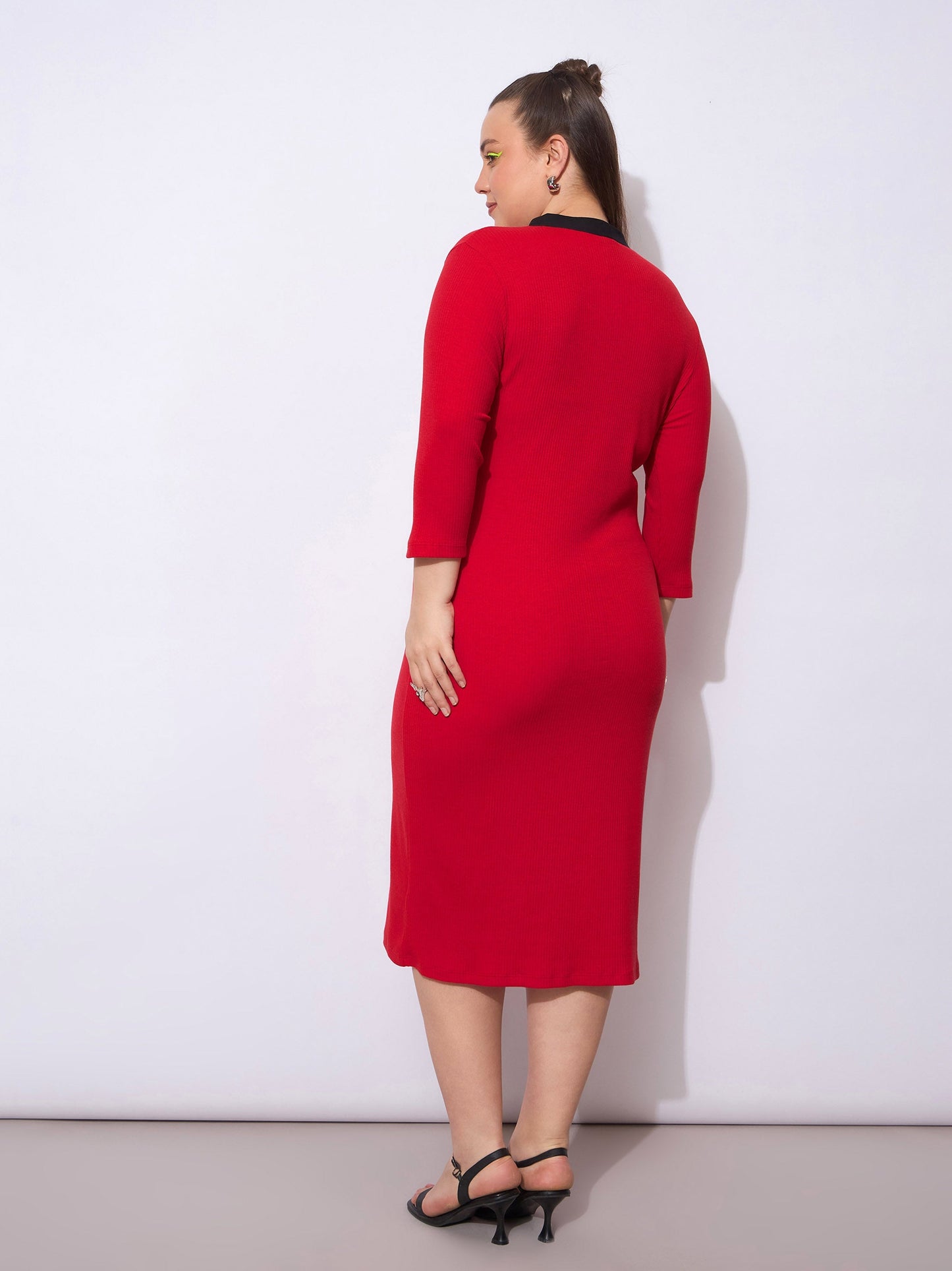 Red Rib Contrast Placket Midi Dress
