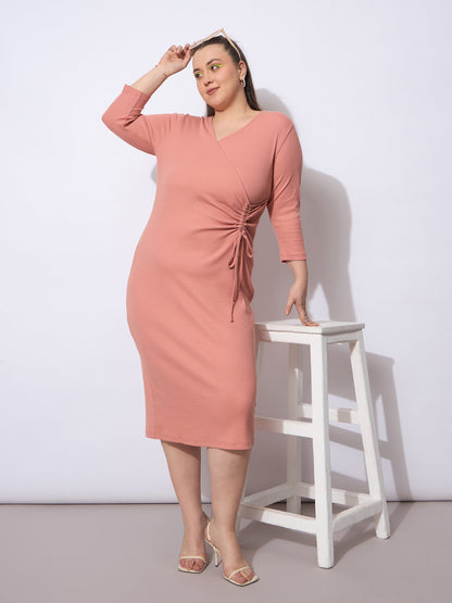 Pink Rib Side Knot Rouching Midi Dress-SASSAFRAS Curve