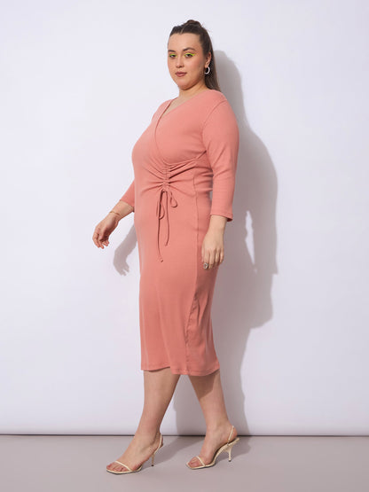 Pink Rib Side Knot Rouching Midi Dress-SASSAFRAS Curve