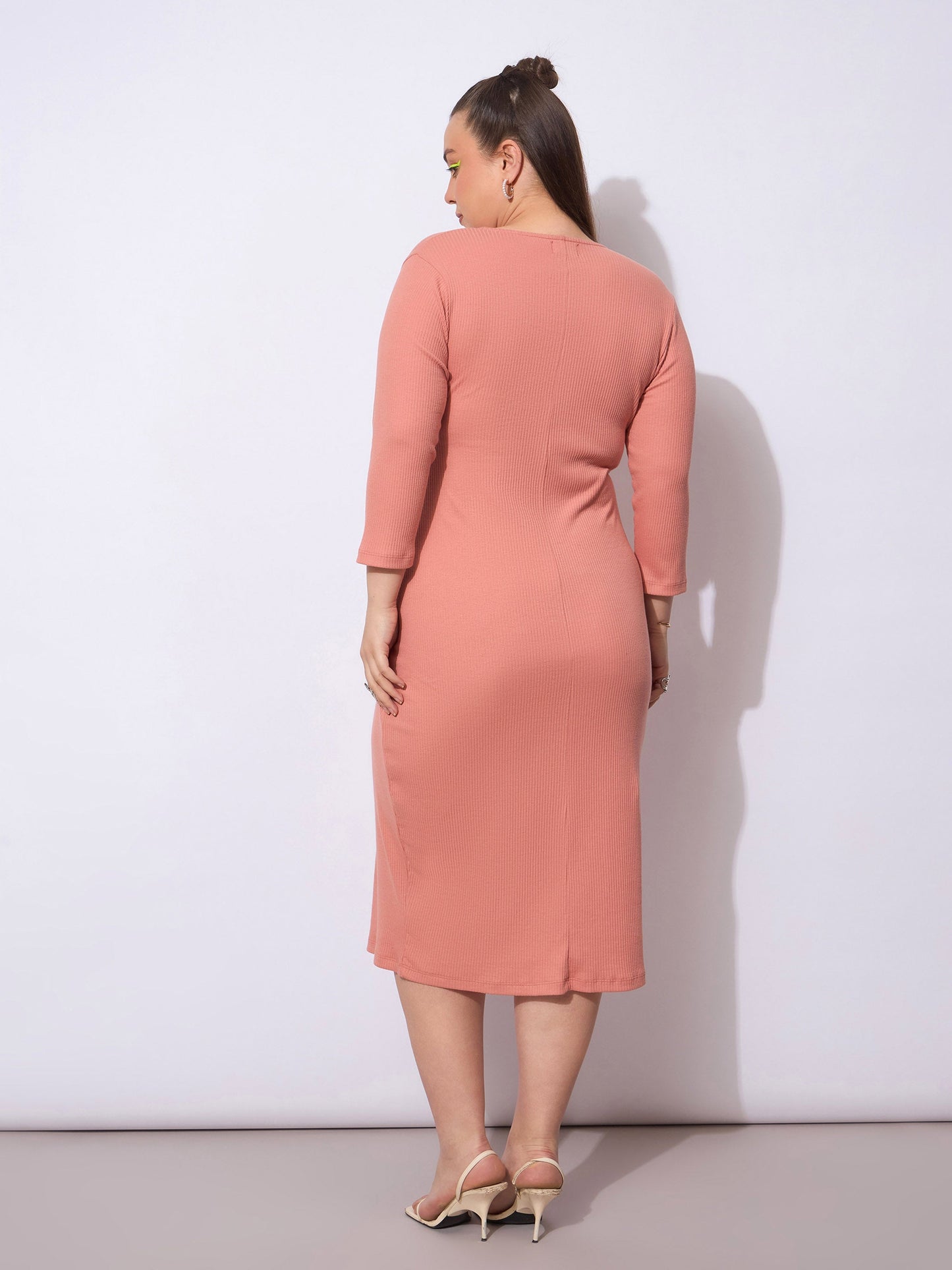 Pink Rib Side Knot Rouching Midi Dress-SASSAFRAS Curve