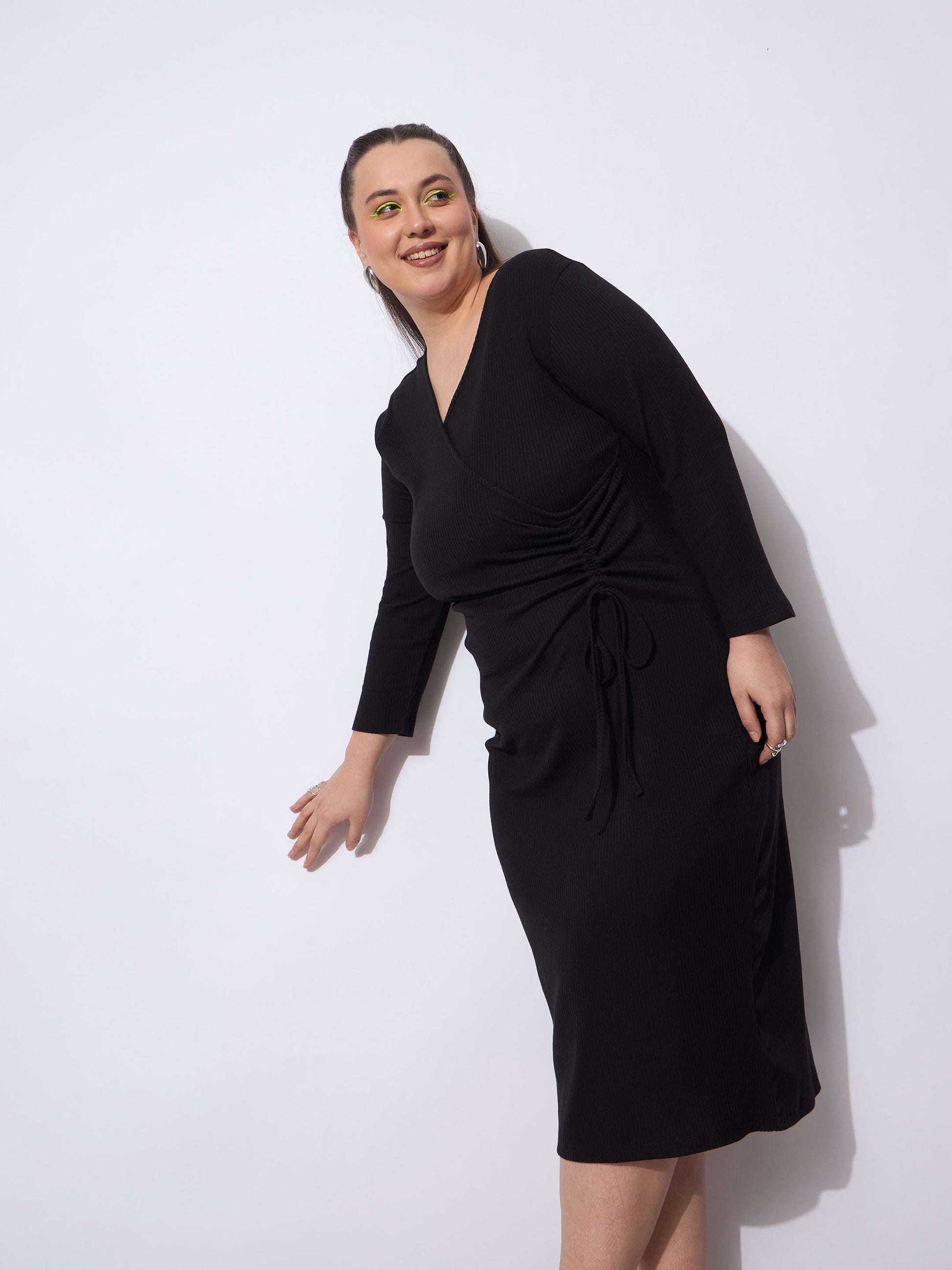 Plus size women's Black Polycotton Black Rib Side Knot Rouching Midi Dress by Sassafras Curve for wholesale buyers, boutiques, resellers and bulk