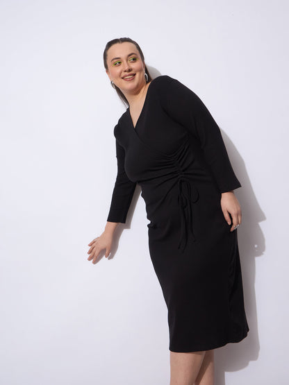 Plus size women's Black Polycotton Black Rib Side Knot Rouching Midi Dress by Sassafras Curve for wholesale buyers, boutiques, resellers and bulk