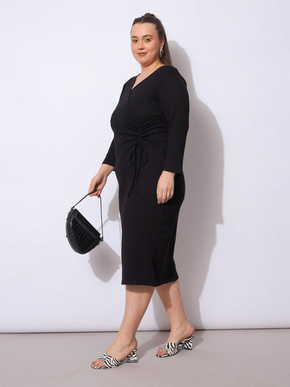 Black Rib Side Knot Rouching Midi Dress-SASSAFRAS Curve