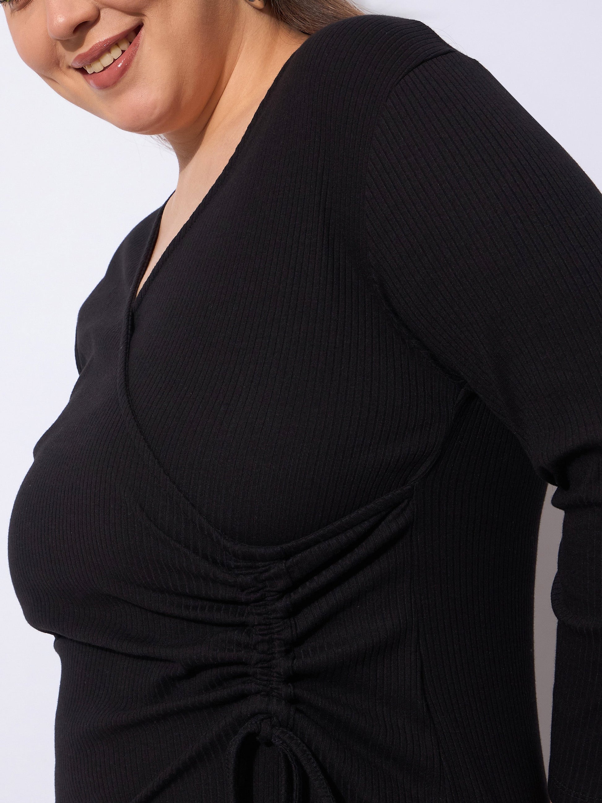 Black Rib Side Knot Rouching Midi Dress-SASSAFRAS Curve