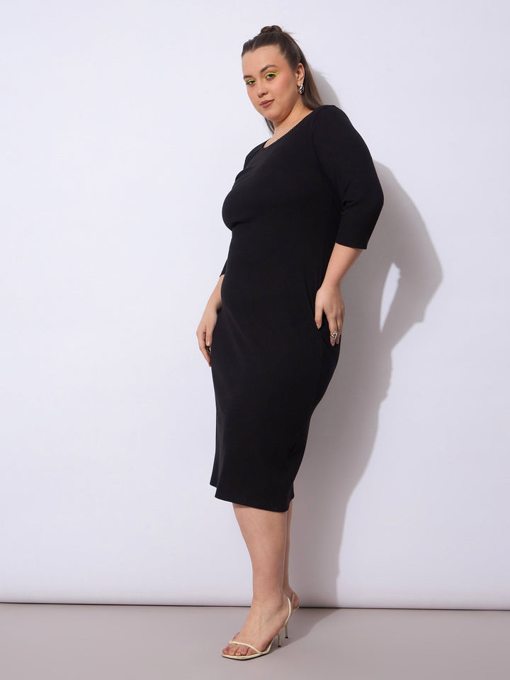 Black Rib Round Neck Midi Dress-SASSAFRAS Curve