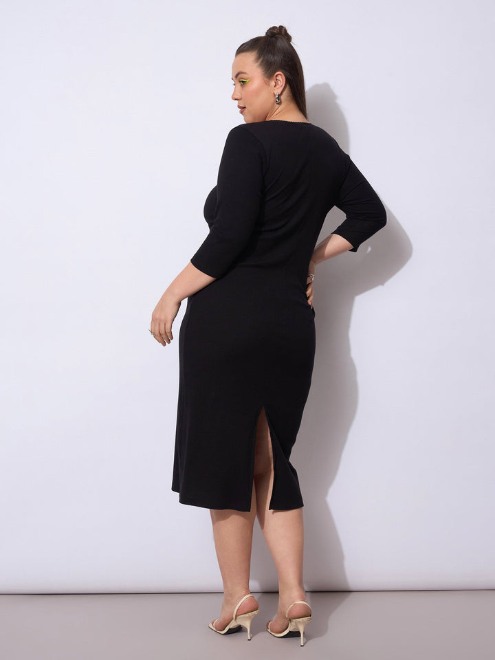 Black Rib Round Neck Midi Dress-SASSAFRAS Curve