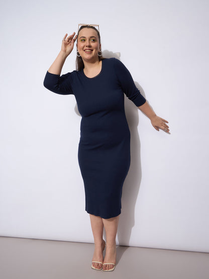 Navy Rib Round Neck Midi Dress