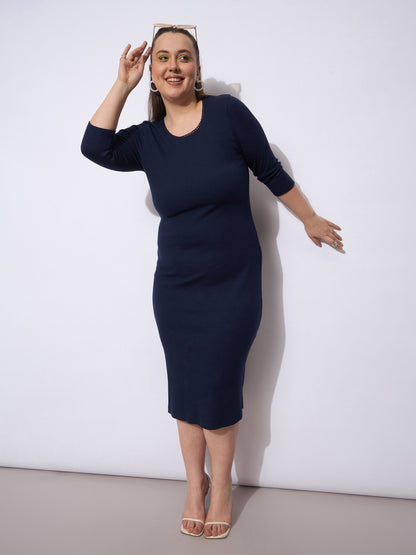 Navy Rib Round Neck Midi Dress