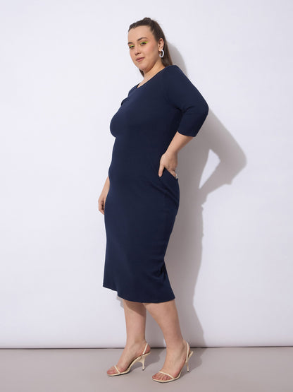 Navy Rib Round Neck Midi Dress