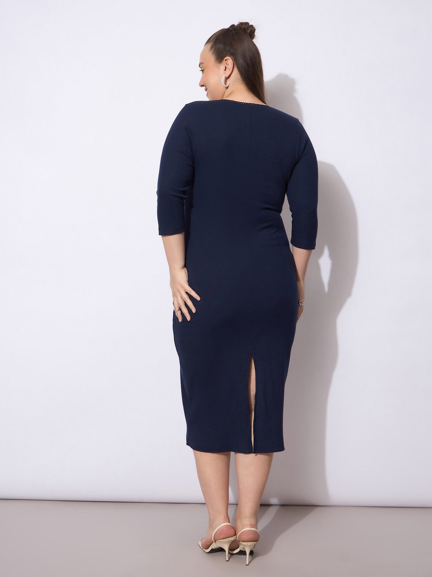 Navy Rib Round Neck Midi Dress