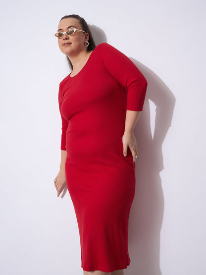 Plus size women's Red Polycotton Red Rib Round Neck Midi Dress by Sassafras Curve for wholesale buyers, boutiques, resellers and bulk orders from
