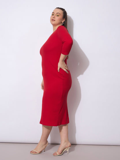 Red Rib Round Neck Midi Dress-SASSAFRAS Curve