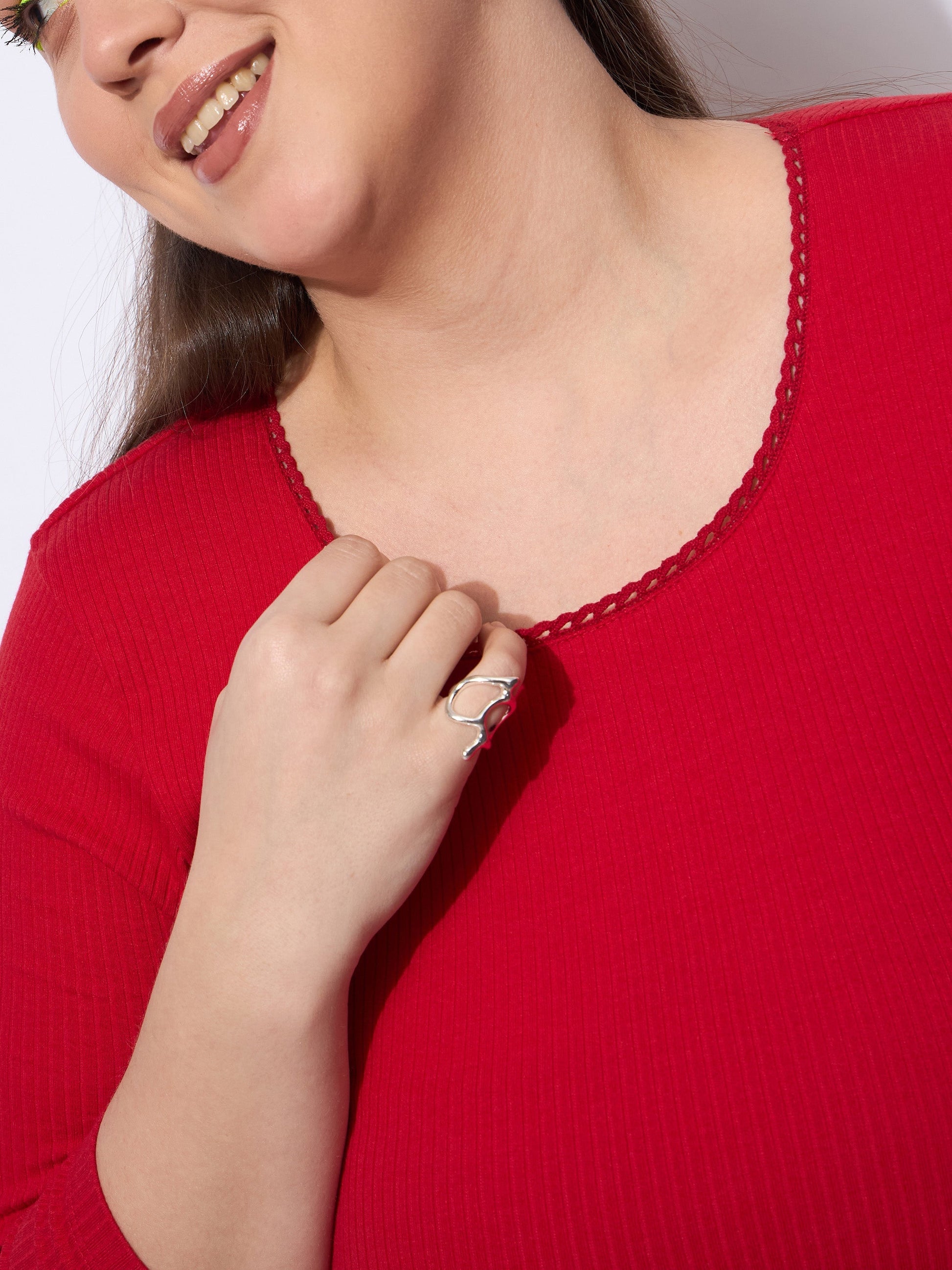 Red Rib Round Neck Midi Dress-SASSAFRAS Curve