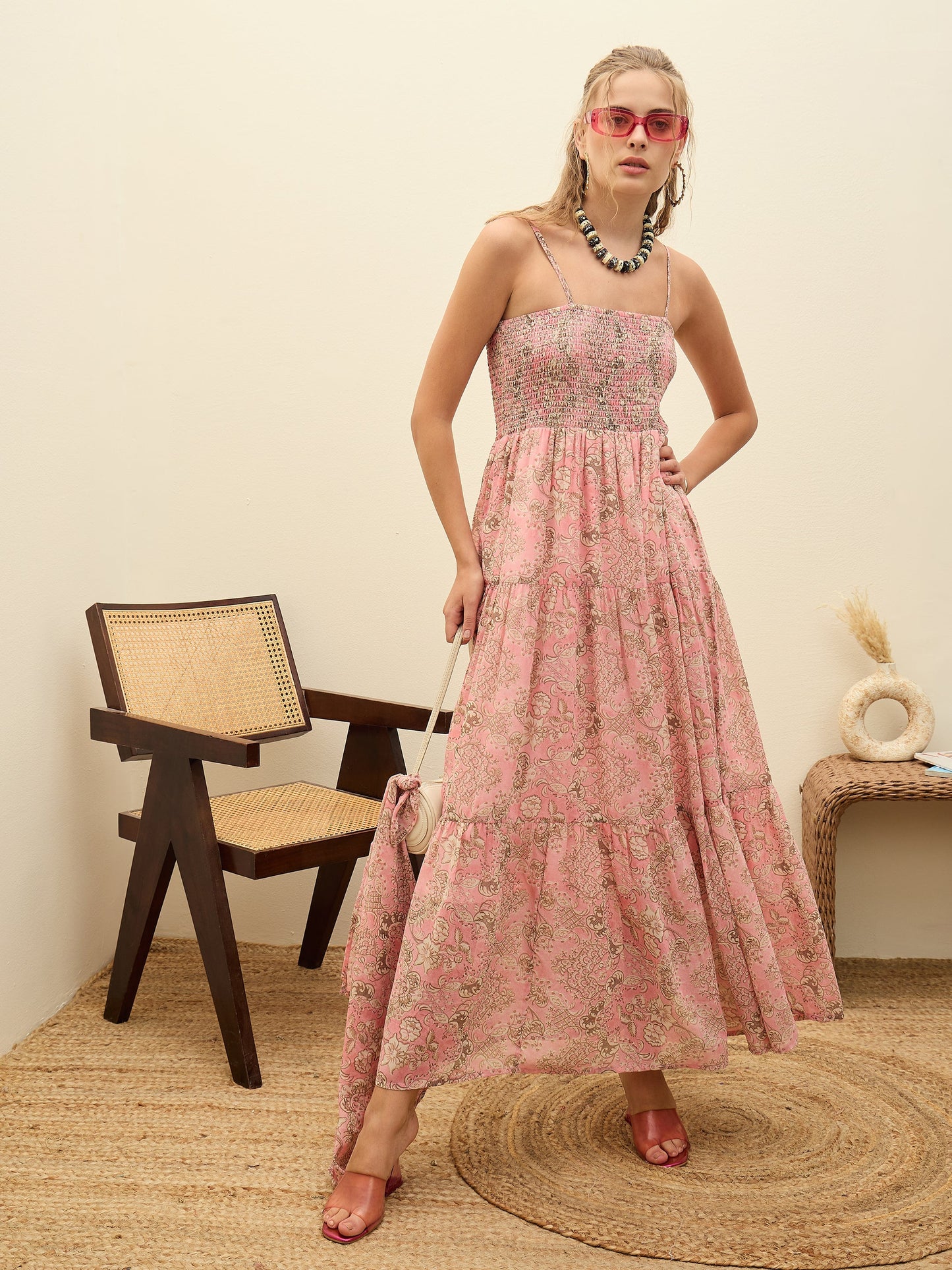 Women Pink Floral Strappy Smocked Maxi Dress