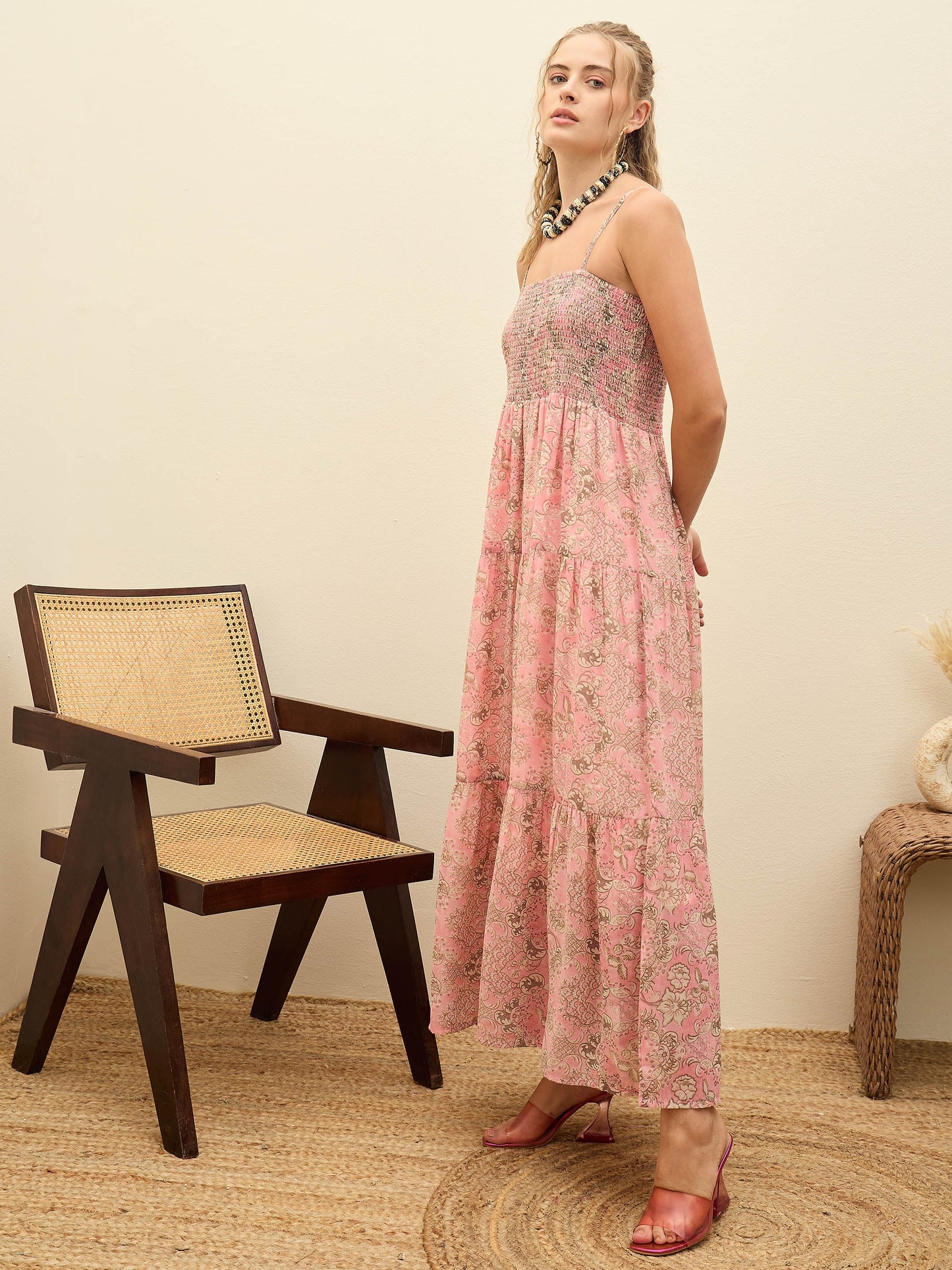 Women Pink Floral Strappy Smocked Maxi Dress