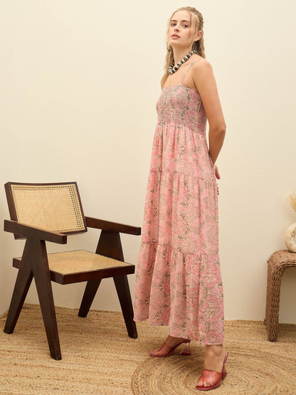 Women Pink Floral Strappy Smocked Maxi Dress