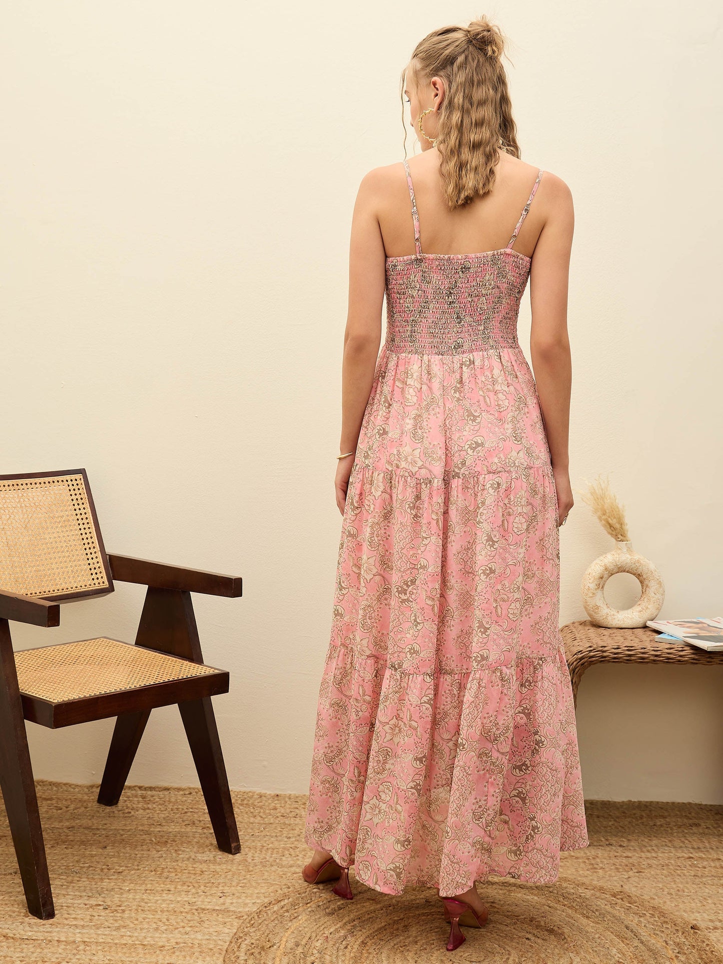 Women Pink Floral Strappy Smocked Maxi Dress