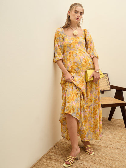 Women Yellow Floral Sweetheart Neck Maxi Dress