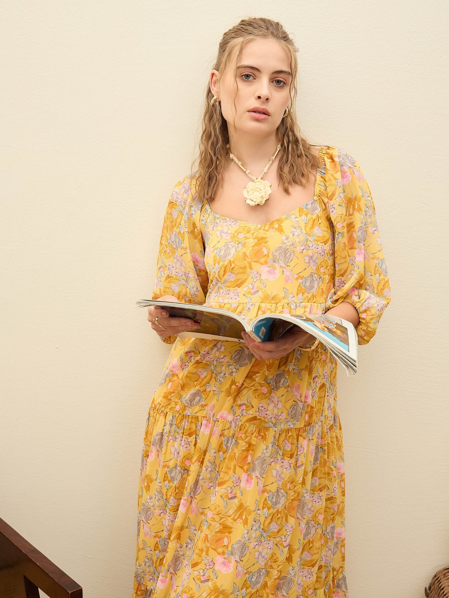 Women Yellow Floral Sweetheart Neck Maxi Dress