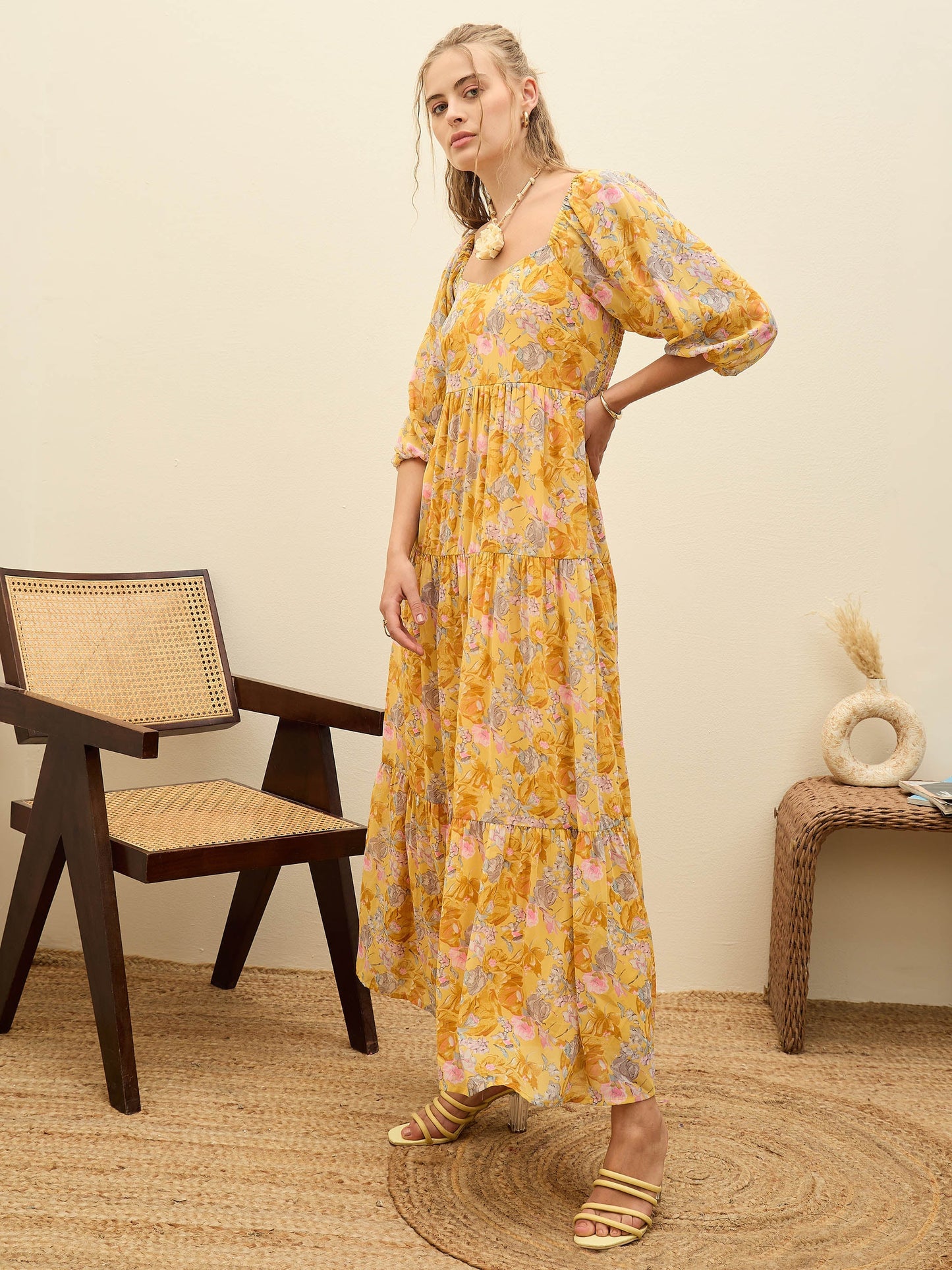 Women Yellow Floral Sweetheart Neck Maxi Dress