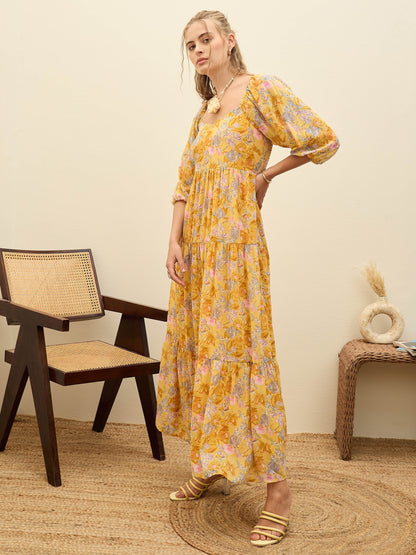 Women Yellow Floral Sweetheart Neck Maxi Dress