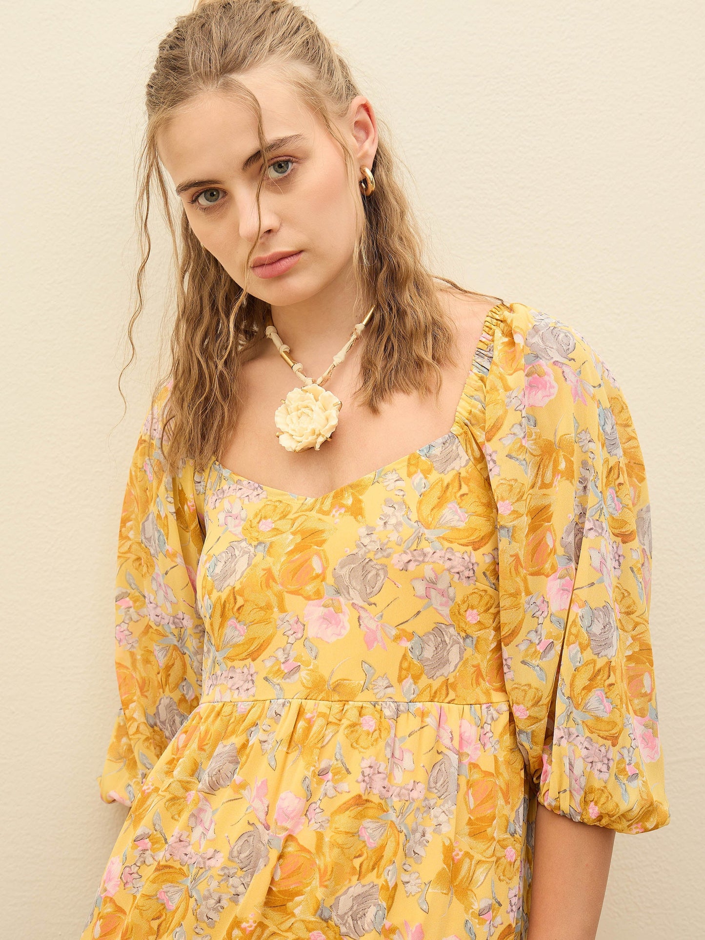 Women Yellow Floral Sweetheart Neck Maxi Dress